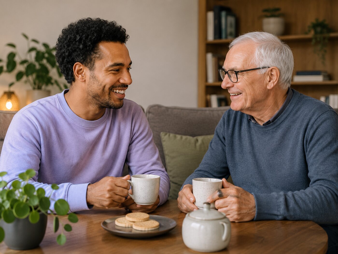 Vrijwilliger en oudere heer drinken samen koffie aan tafel